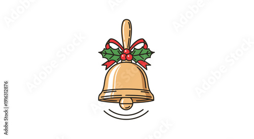 Golden Christmas Bell with Holly and Red Ribbon, Festive Holiday Decoration