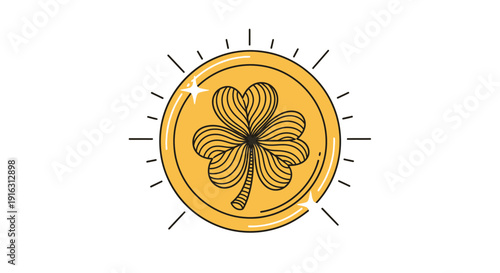 Golden Coin with Clover Leaf Symbol, Lucky Charm, St. Patrick's Day Concept