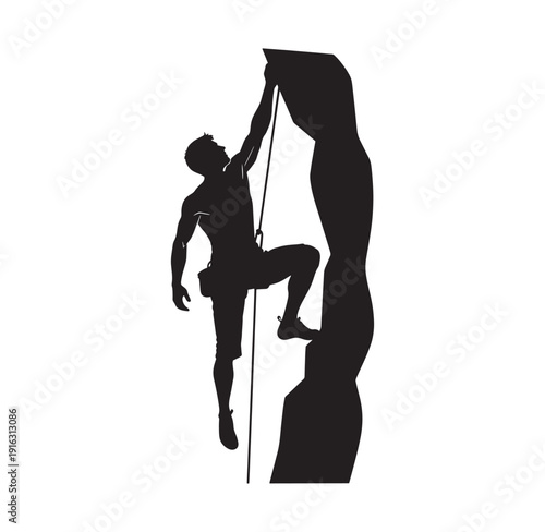 man climbing a rock face with rope attached to harness