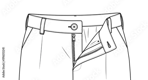 Fashion Flat Sketch: Front View of Trousers with Zipper Fly and Button Closure