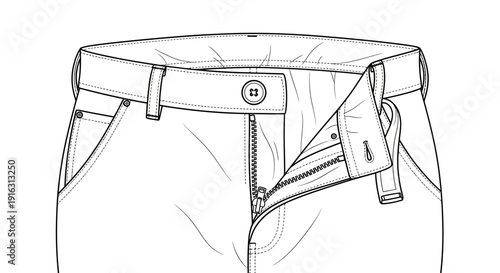 Fashion Sketch: Detailed Close-up of Men's Jeans Fly with Zipper and Button