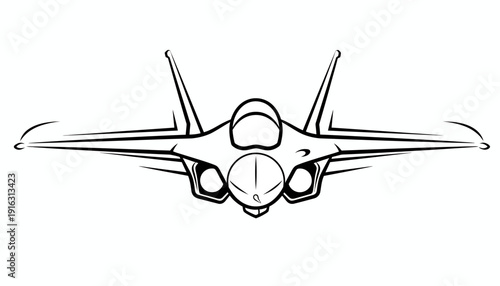 Fighter Jet Silhouette, Modern Military Aircraft, Front View Line Art