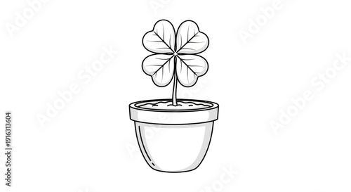 Four Leaf Clover Plant in Pot, Lucky Symbol, Hand Drawn Sketch Style