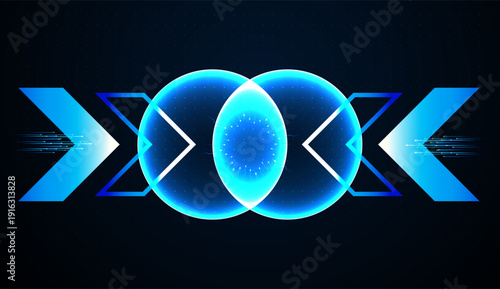 A futuristic design shows layered arrows rising, expressing quantum power and digital life increase through advanced technology. Bright arrows flow upward beneath