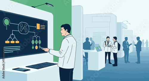 Man Presenting Data Flow Diagram at Technology Exhibition.