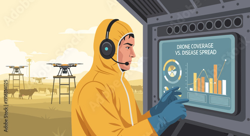 Man in Hazmat Suit Analyzing Data on Screen with Drones.