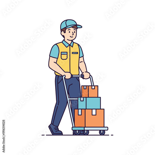 Delivery man pushing a cart with boxes, logistics and shipping service concept