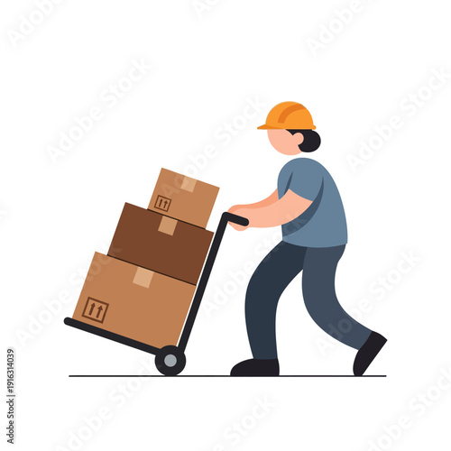 Delivery worker pushing a trolley with stacked cardboard boxes, logistics and shipping concept