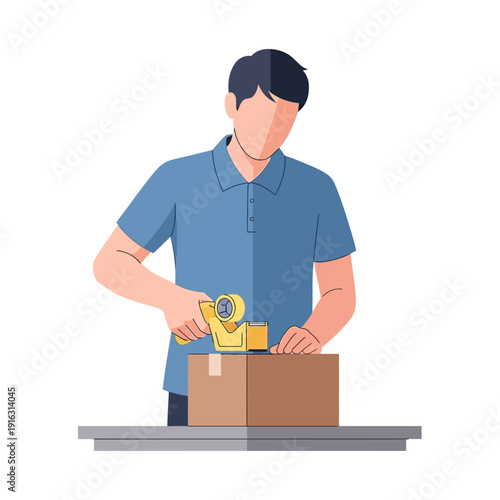 Man packing box with tape dispenser, shipping preparation, logistics, delivery service, small business owner