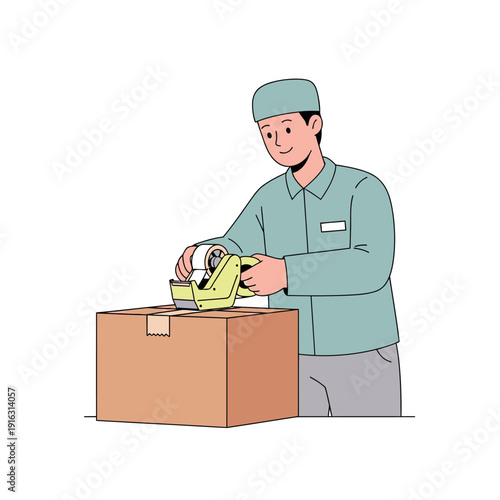 Delivery worker sealing a cardboard box with tape, preparing for shipment