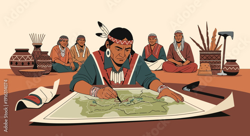 Native American Cartographer Crafting a Detailed Map with Traditional Tools.