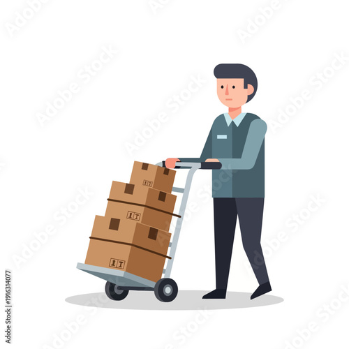 Delivery man pushing a trolley stacked with cardboard boxes, logistics and shipping concept