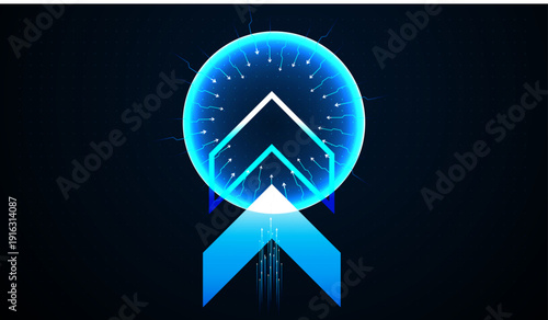 Glowing arrows surge upward inside a sphere, symbolizing quantum technology and digital life increase. Electric arrows radiate through a transparent globe, representing technology