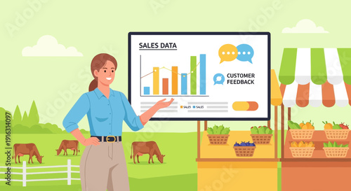 Sales Presentation by Woman at Farm Stand with Data Charts.