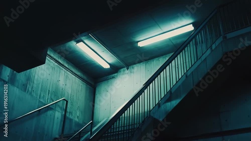 Concrete urban staircase with metal railings illuminated by artificial blue shop lights, creating a moody and atmospheric scene with strong architectural lines and shadows