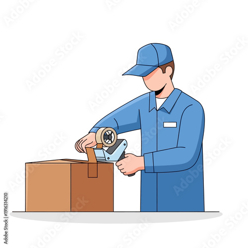 Delivery man sealing a cardboard box with tape, preparing for shipment