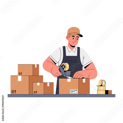 Warehouse worker packing boxes with tape gun, preparing for shipping and delivery