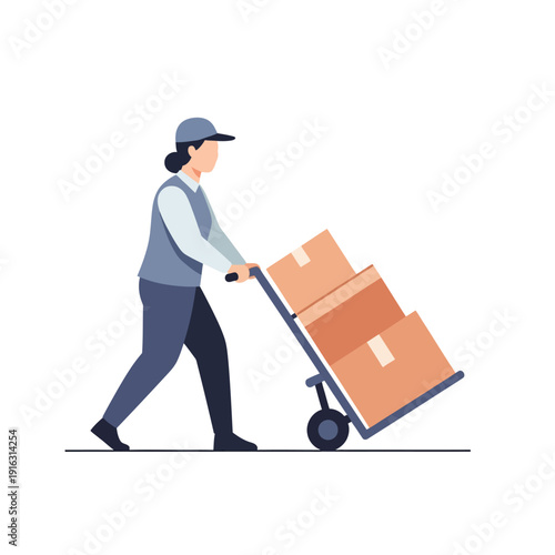 Delivery person pushing a hand truck with boxes, logistics and shipping concept