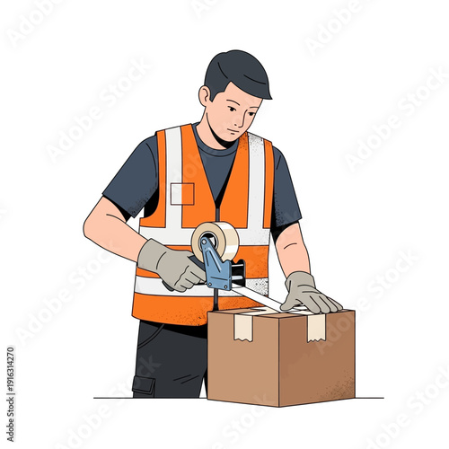 Warehouse worker sealing a cardboard box with tape, preparing for shipping