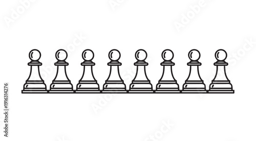 Chess Pawns Lined Up on White Background Simple Line Art Illustration