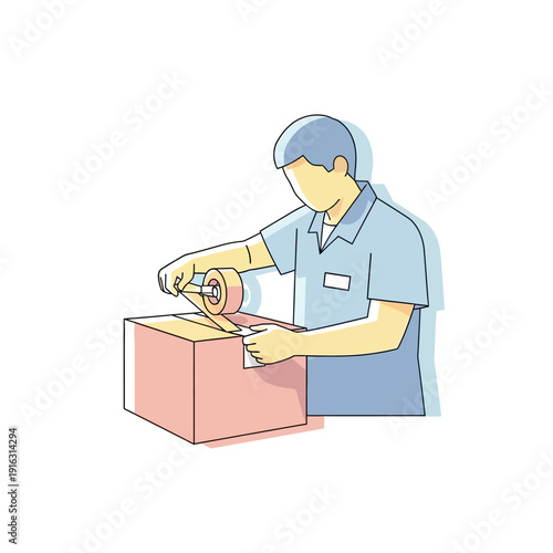 Delivery worker sealing a cardboard box with tape, preparing for shipment