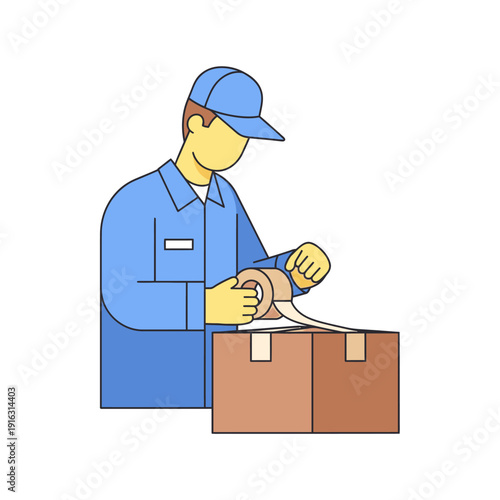 Delivery man sealing a cardboard box with tape, preparing for shipment