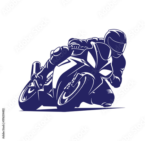 Motorcycle rider in racing position on bike  speeding action scene