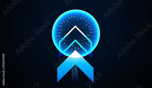 Glowing arrows surge upward inside a sphere, symbolizing quantum technology and digital life increase. Electric arrows radiate through a transparent globe, representing technology
