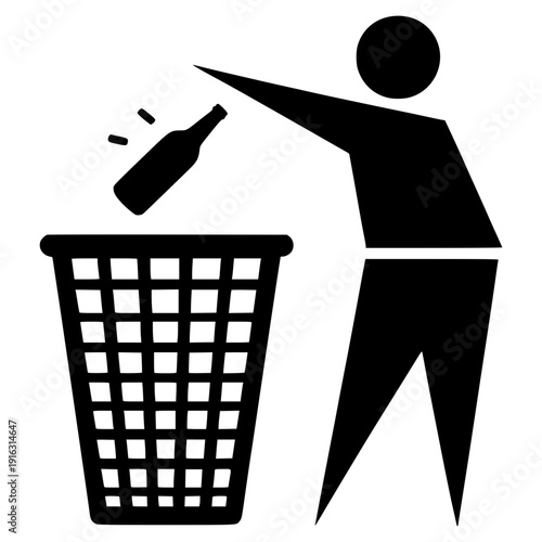 Waste Disposal Icon: A simple yet effective icon depicting a person responsibly disposing of a glass bottle into a waste receptacle.