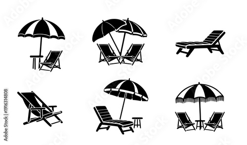 Summer beach lounge chair and umbrella vector icons