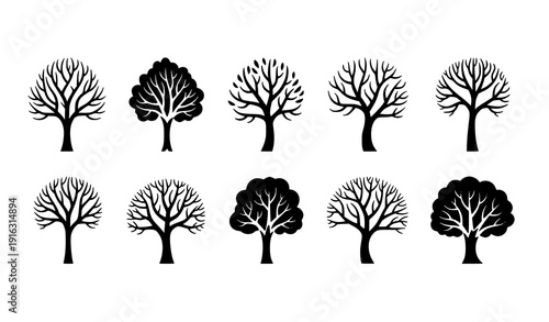 Minimal bare tree silhouettes vector collection with winter forest graphic elements isolated on white