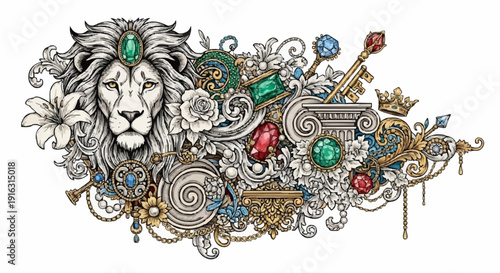 Detailed Lion Head Illustration with Jewels.