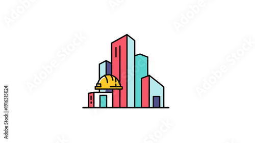 Modern Cityscape Construction Project with Hard Hat Icon.