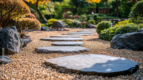 Stone stepping Walkway among lawn in a Japanese style garden