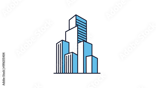 Modern Cityscape Skyline with Blue and White Buildings.