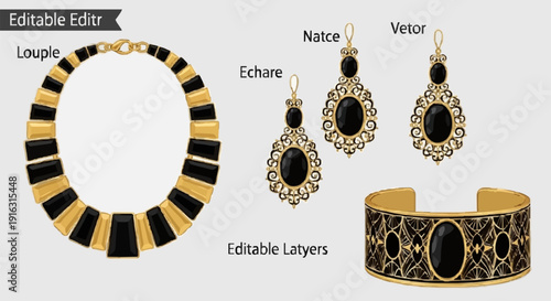 Elegant jewelry set featuring a necklace, earrings, and a bracelet, all with black and gold accents.