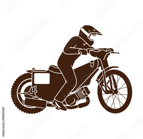 Motorcyclist riding motorcycle in motion with helmet on white background