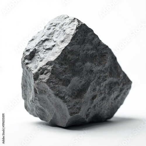 Dark gray lodestone sits isolated on clean white studio background. This magnetic iron ore chunk has rough textured surface. Closeup mineral sample.