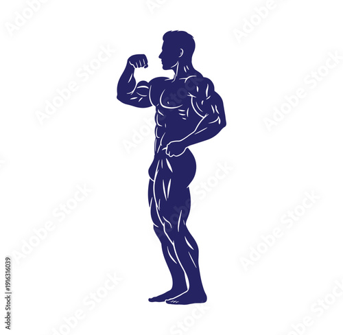 Muscular man flexing bicep in profile view showing off his physique and muscles