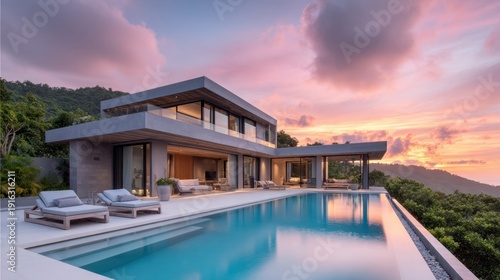 Luxury modern villa with infinity pool overlooking lush green hills at sunset