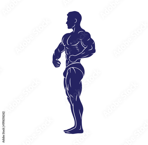 Muscular man in flexed pose showing off biceps and chest muscles