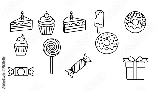 Sweet Dessert Outline Icons Cake Donut Candy Set EPS 10