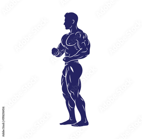 Muscular man standing in a powerful stance with flexed muscles