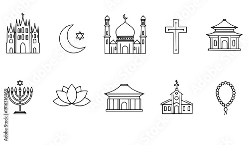 Religious Architecture and Faith Symbols Minimal Vector Icon Set EPS 10