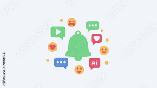 Notification Bell Surrounded by Social Media Icons and Emojis.