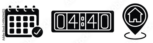 Silhouette of date, time, address icon. Calendar, time, location home pointer icon vector set. Black line and flat web business schedule and office time clock. Vector illustration.