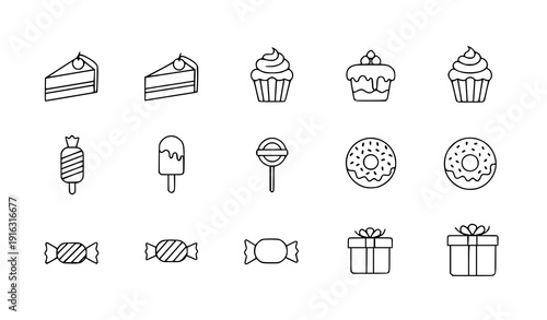 Dessert Line Icons Cake Cupcake Donut Candy Vector EPS 10