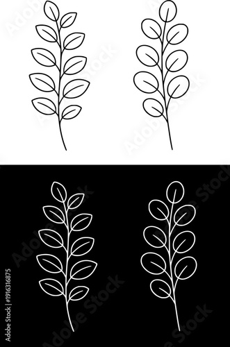 Plant icon, vector illustration of eucalyptus, black and white with outline design, in original and negative versions