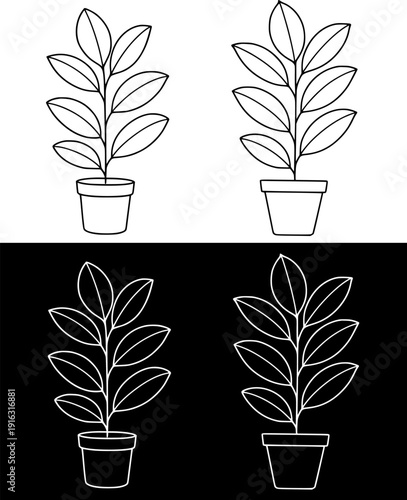 Plant icon, vector illustration of rubber plant, black and white with outline design, in original and negative versions