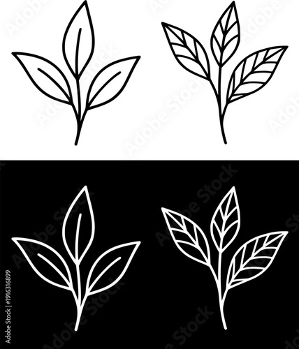 Plant icon, vector illustration of tea leaves, black and white with outline design, in original and negative versions